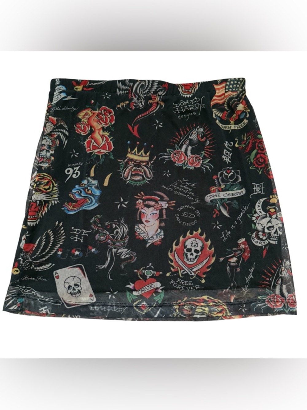 Ed Hardy Tattoo Mini Skirt Y2K Tiger Sheer Elastic Pull on Black Medium